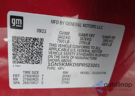 2023 Chevrolet Tahoe 4Wd Ls z USA, uszkodzony, nr VIN 1GNSKMKD5PR523201